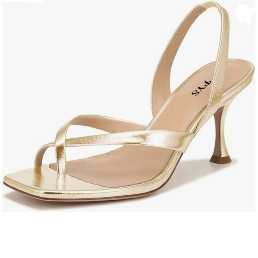 FYS Gold Thong High Heel Slide On Sandals Square Open Toe Elastic Slingback Shoe